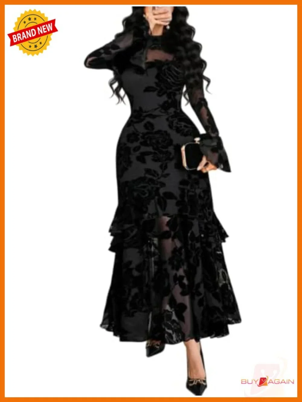 Women Floral Maxi Dress Bell Sleeve Mermaid Hem Wedding Guest Party